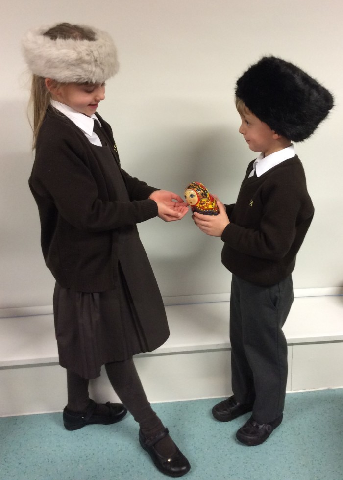 Leo Steepe (6) from Year 2 giving Rebecca Wright (7) a Russian Doll for Valentine’s Day.