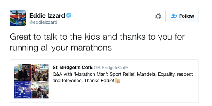 Eddie Izzard tweets about his visit to West Kirby