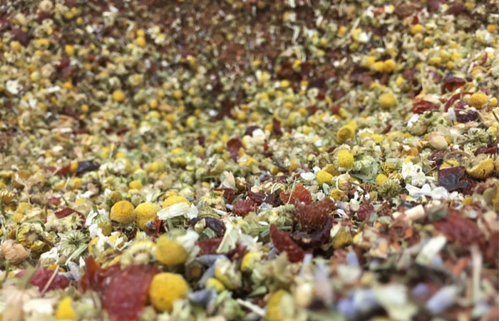 A typically colourful, hand-mixed Lucky Cup Tea blend