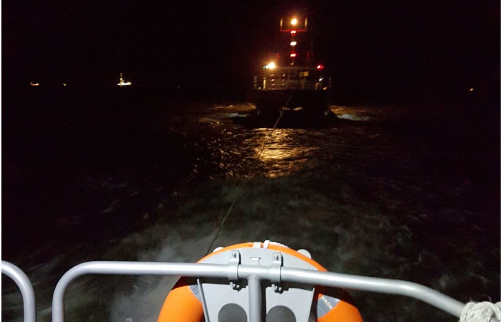 The catamaran Dalby Humber under tow by the Hoylake lifeboat last night