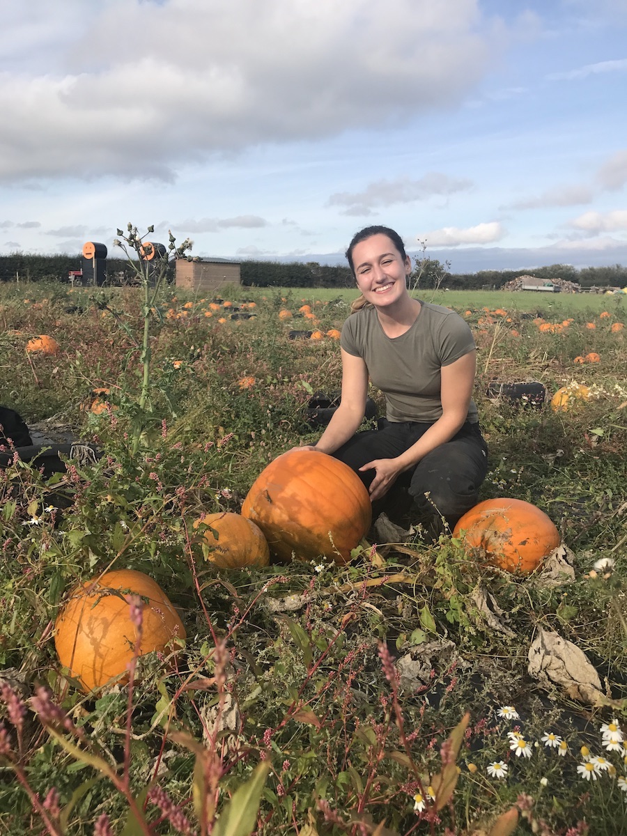 Farm worker Abby with pumpkins