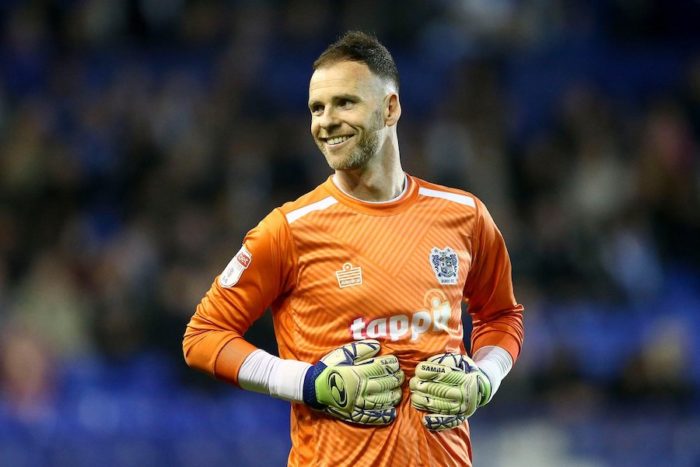 Bury Goalkeeper Joe Murphy has laugh with the Tranmere fans. EFL Skybet Football league two match, Tranmere Rovers v Bury FC at Prenton Park, Birkenhead, Wirral on Tuesday 30th April 2019.