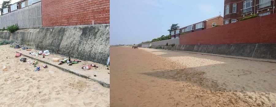 Before and after images of West Kirby beach after impromptu litter pick up