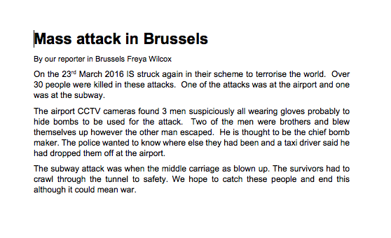 Mass attack in Brussels By our reporter in Brussels Freya Wilcox