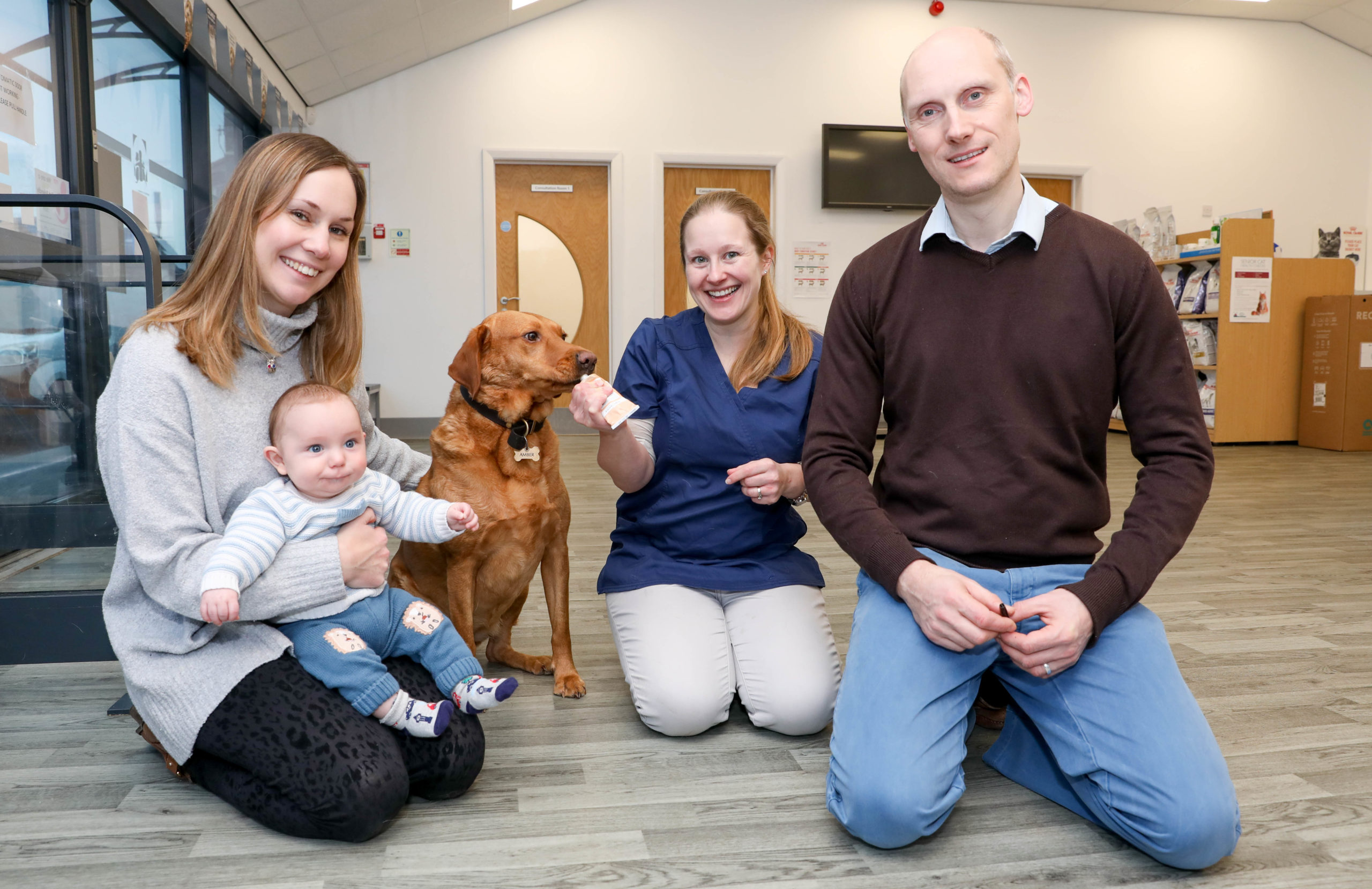 Acorn Veterinary Surgery in West Kirby
Kate Smith and son Elliott (4 months) with Amber the Labrador joined by Veterinary surgeons Rhiannon Mansell and Nick Whieldon. All delighted with the progress Amber has made.