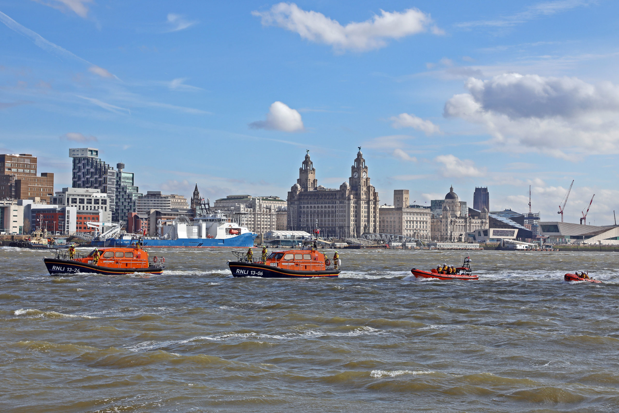 Mersey River Flotilla 04/03/2024 for RNLI 200th birthday celebrations. Lytham St Annes Shannon class lifeboat Barbara Anne 13-24,  Hoylake Shannon class lifeboat Edmund Hawthorn Micklewood 13-06, New Brighton Atlantic 85 inshore lifeboat Charles Dibdin (Civil Service No 51) B-837 and West Mersea D-class inshore lifeboat  Leonard Pownall D-883.